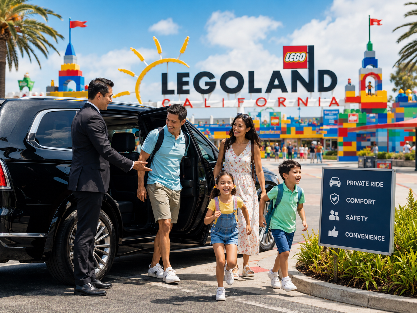 Family with children boarding a luxury black SUV with car seat at a Carlsbad resort near Legoland