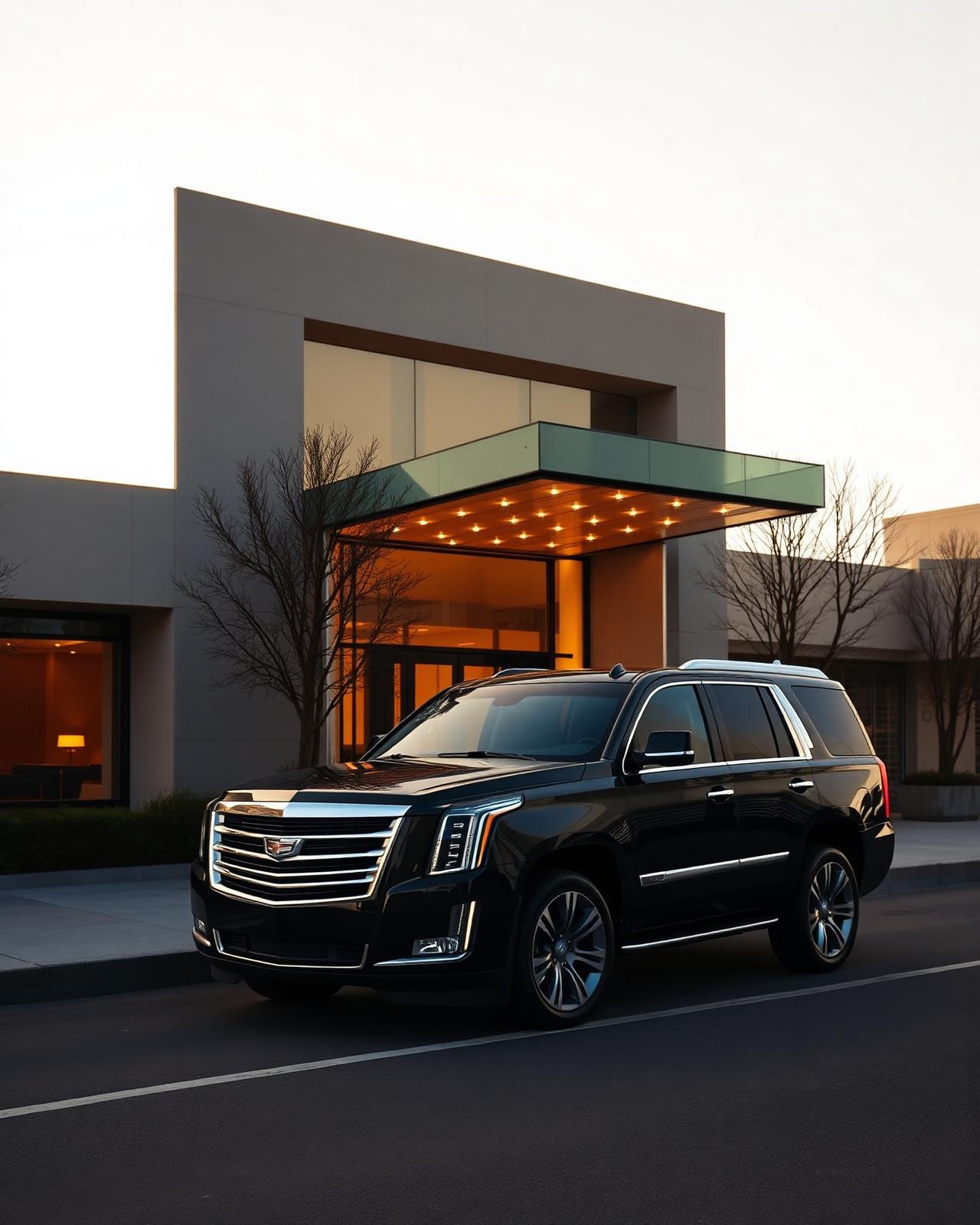 Black Cadillac Escalade luxury SUV at hotel entrance