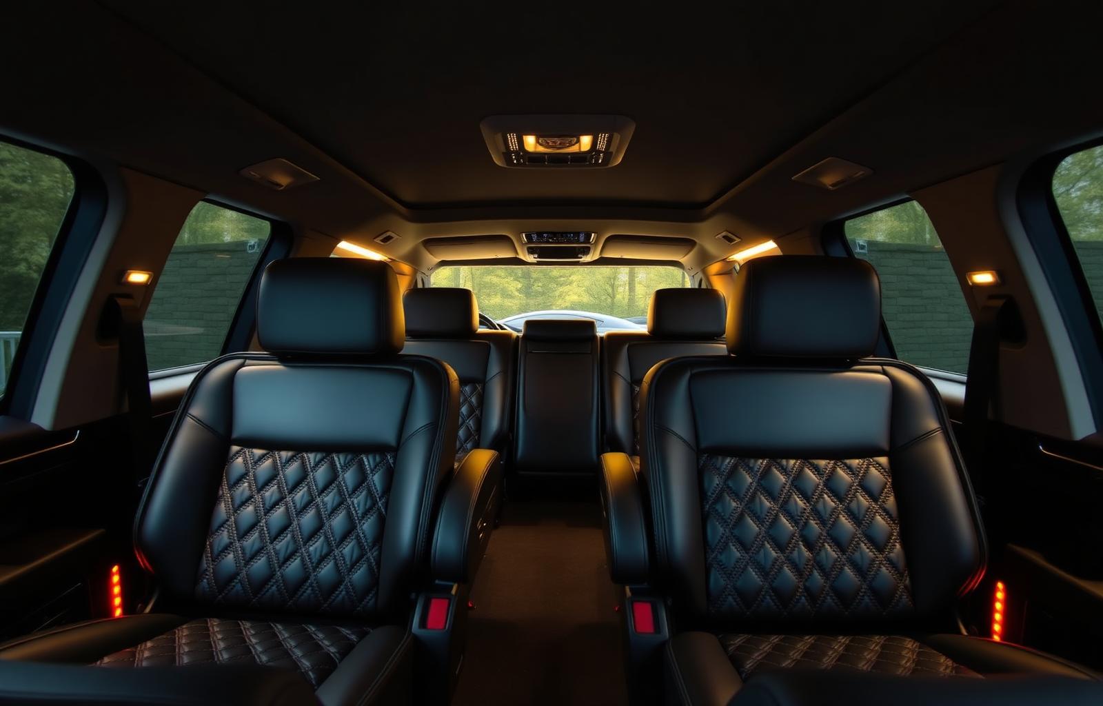 Luxury executive SUV interior with quilted leather and ambient gold lighting